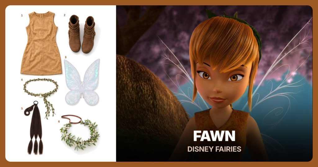 Tan Faux-Suede Mini Dress, Brown Suede Ankle Boots, Pale Iridescent Fairy Wings and Green Braided Vine Belt beside Fawn