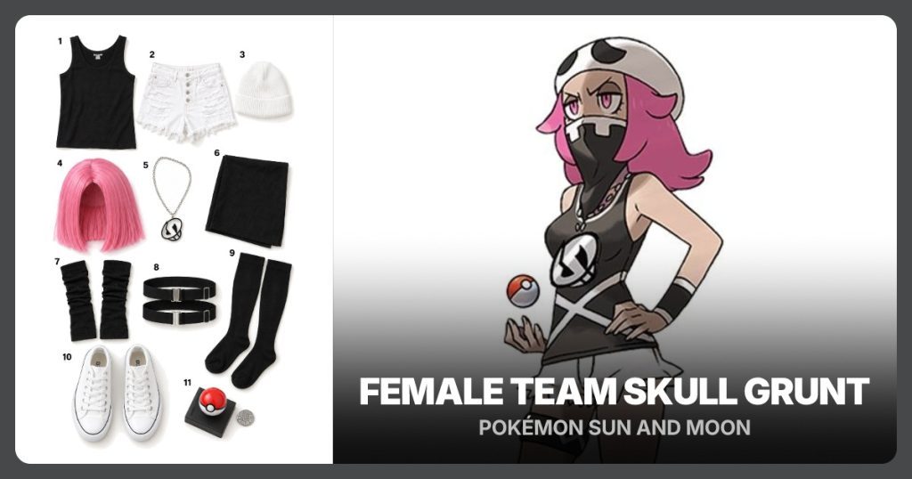 Black Tank Top, White Frayed Shorts, White Knit Beanie and Pink Bob Wig beside Female Team Skull Grunt