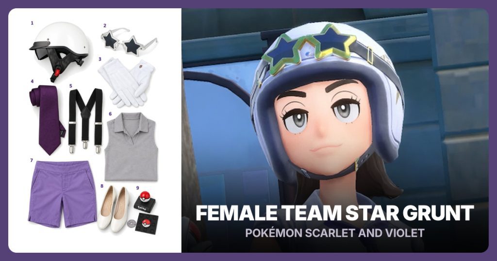 White Open-Face Helmet, Star Sunglasses, White Cotton Gloves and Dark Purple Necktie beside Female Team Star Grunt
