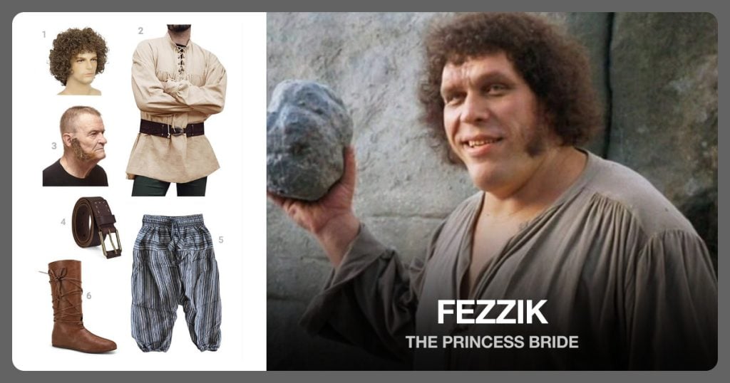 Light Brown Curly Wig, Medieval Pirate Shirt, Brown Mutton Chops Sideburns and Men’s Casual Leather Belt beside Fezzik