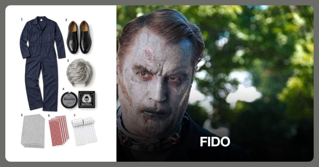 Navy Work Coveralls, Black Dress Shoes, Short Gray Wig and Pale Gray Makeup beside Fido