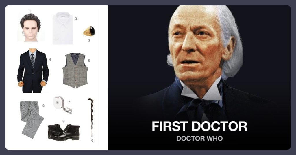 Slick Back Hair Wig, White Dress Shirt, Vintage Gemstone Ring and Navy Suit Jacket beside First Doctor