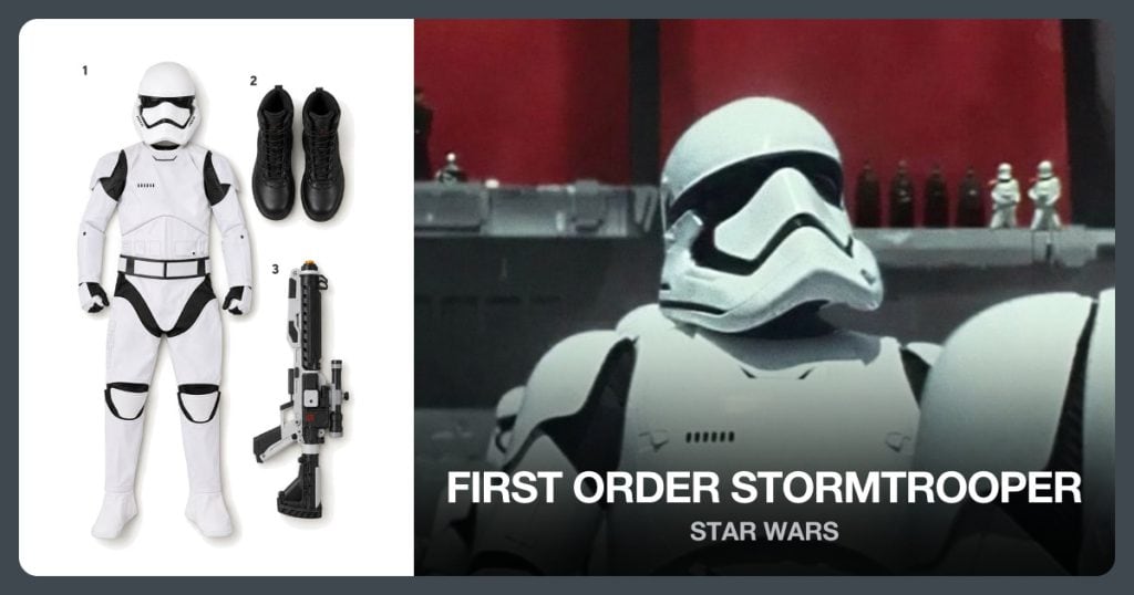 First Order Stormtrooper Costume, Black Combat Boots and F-11D Blaster Replica beside First Order Stormtrooper