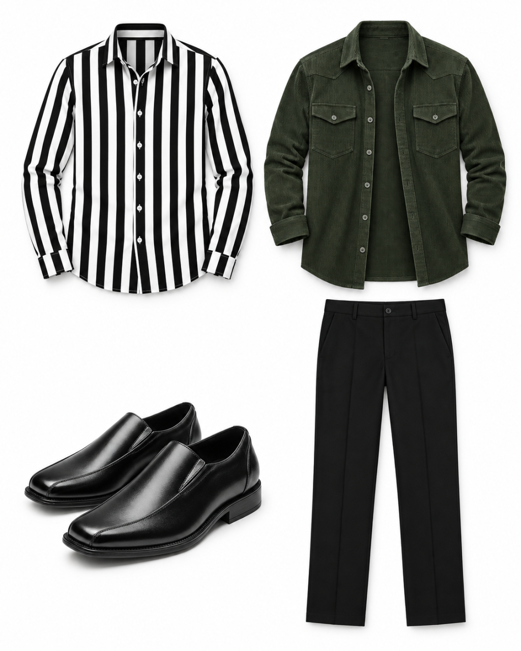 Black-and-white vertical stripe shirt, hunter-green corduroy overshirt, black straight trousers and black slip-on loafers arranged on white.