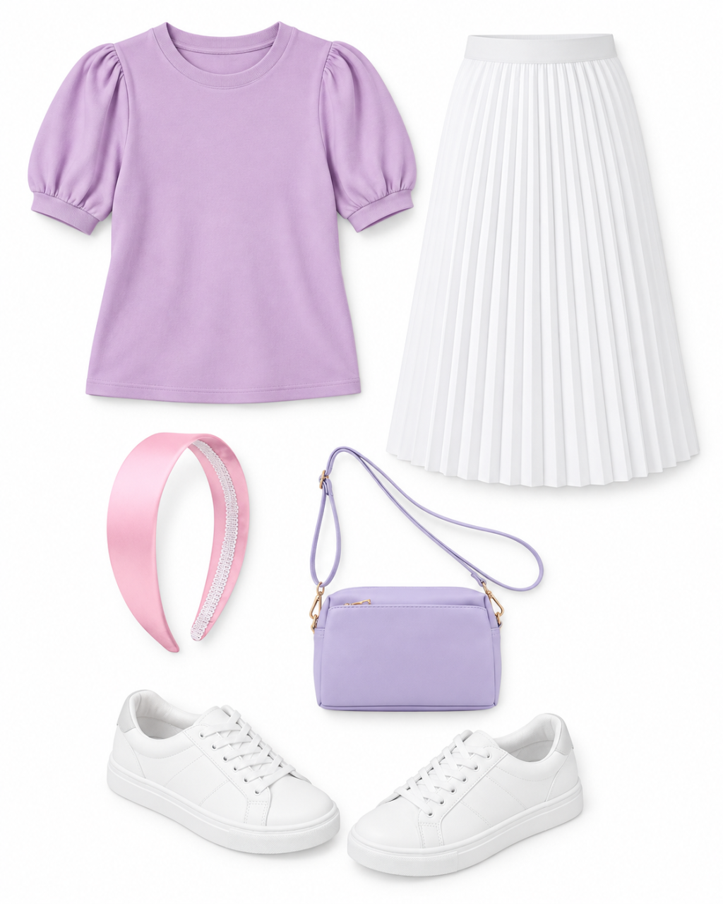 Light-purple puff-sleeve top, white pleated midi skirt, pink satin headband, lavender crossbody and white low-top sneakers arranged on white.