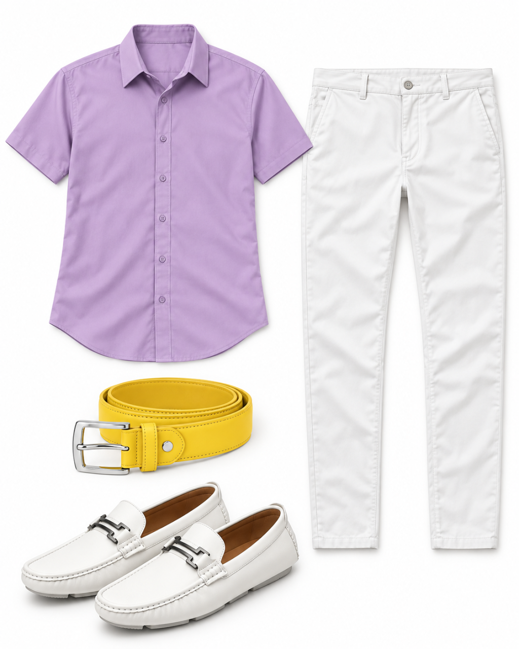 Lavender short-sleeve button-down, white cotton chinos, yellow leather belt and white driving loafers arranged on white.