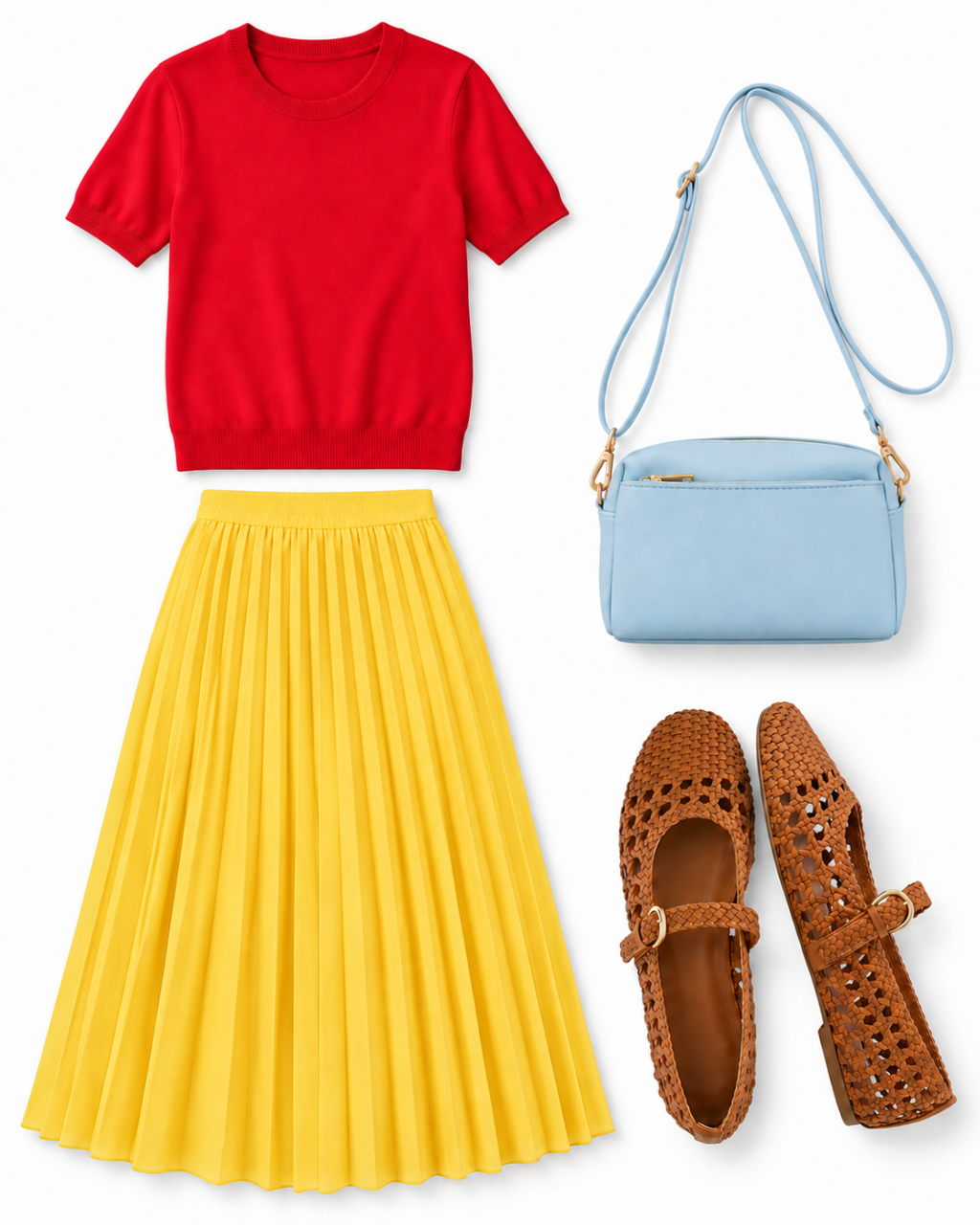 Red knitwear and a sunny yellow pleated skirt, with a light-blue bag and cognac flats.