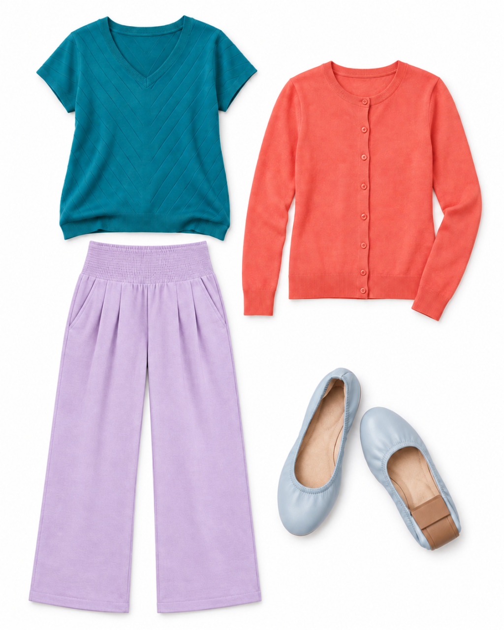 Teal and lavender reverse Ariel’s color placement, with a coral cardigan on top.