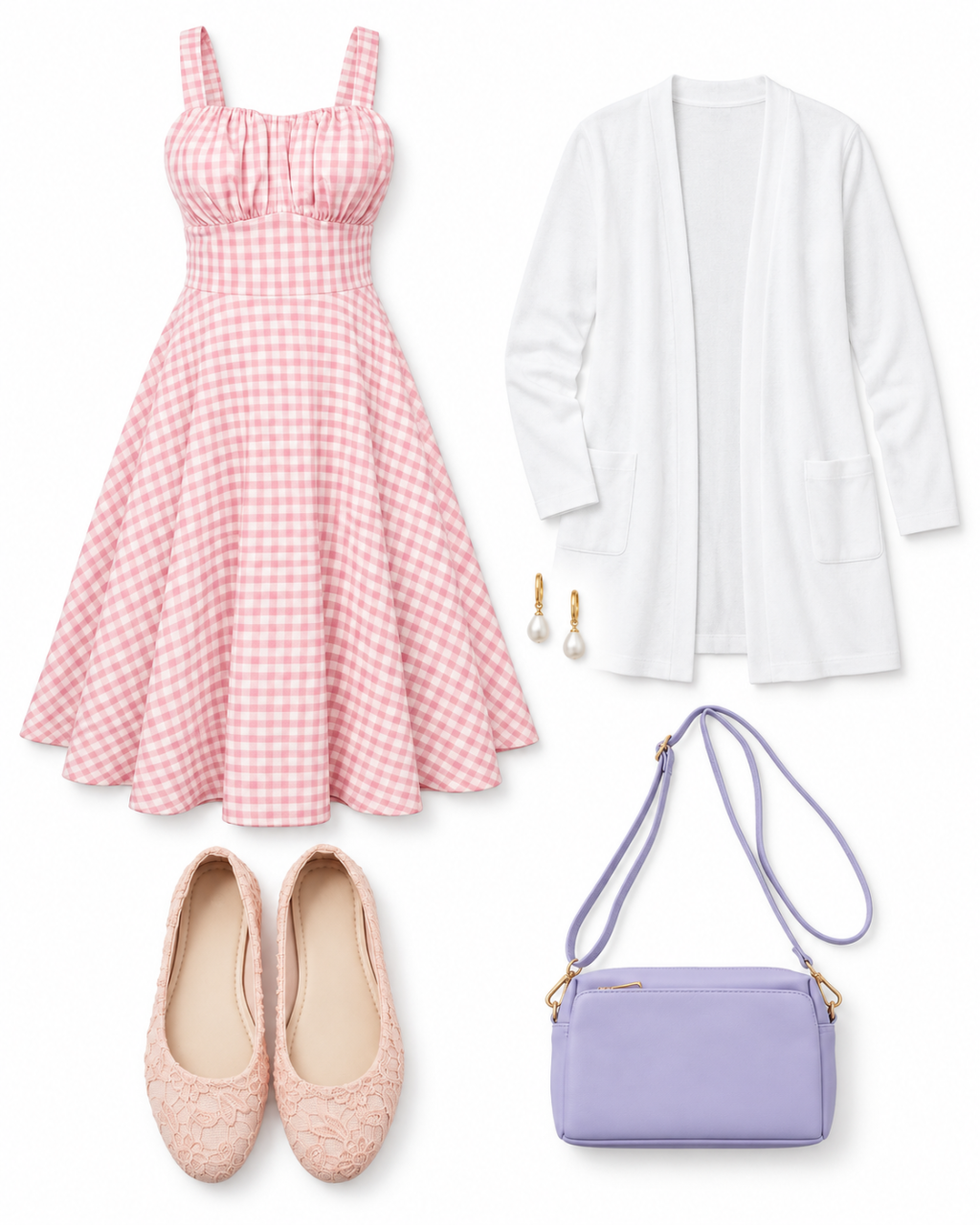 Pink gingham midi dress, white open-front cardigan, pearl drop earrings, pink lace flats and lavender crossbody arranged on white.
