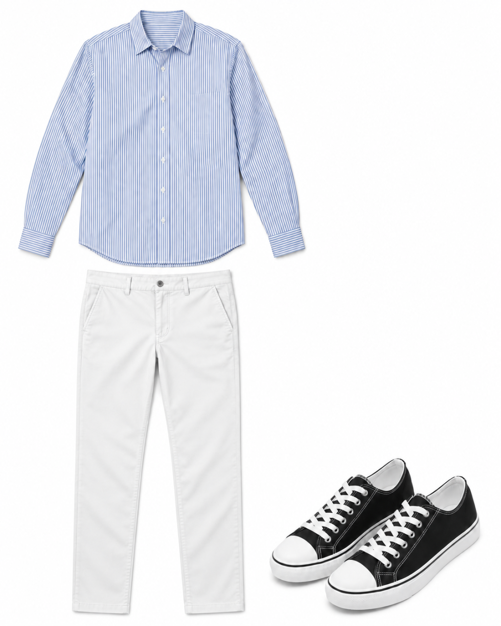 A blue-and-white striped shirt, white chinos and black sneakers carry Alice’s dress, apron and shoe colors.