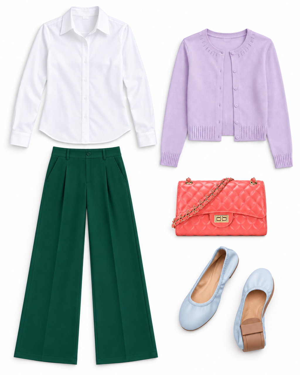 A lilac cardigan and emerald trousers keep the mermaid colors clear, with a coral bag.