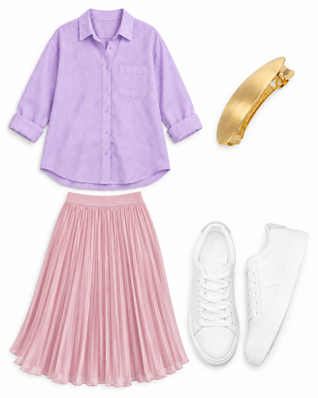A lavender linen shirt and rose-pink pleated skirt echo Rapunzel’s purple dress and pink panels.