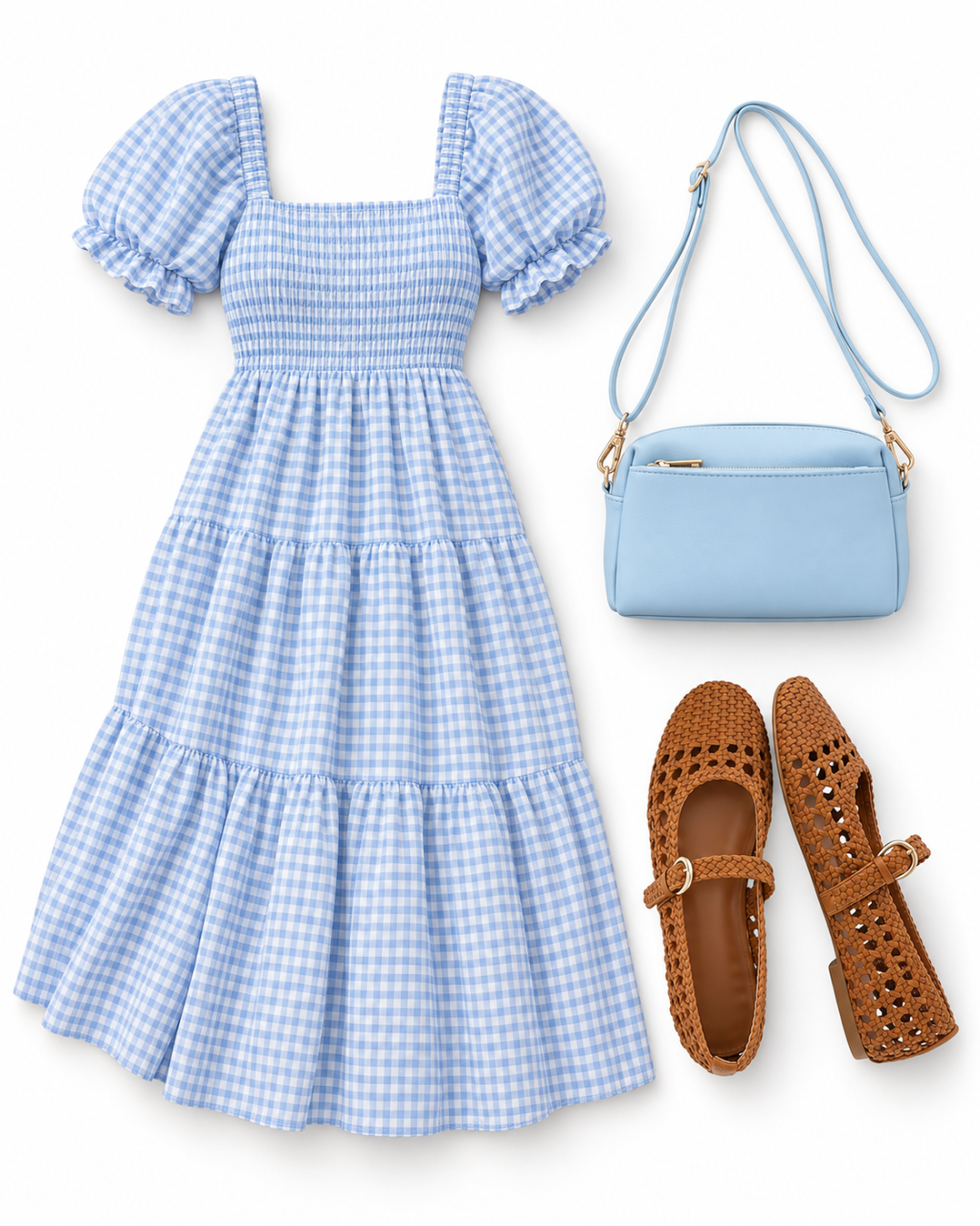 Light-blue gingham short puff-sleeve midi dress, light-blue crossbody bag, and cognac woven Mary Jane flats.