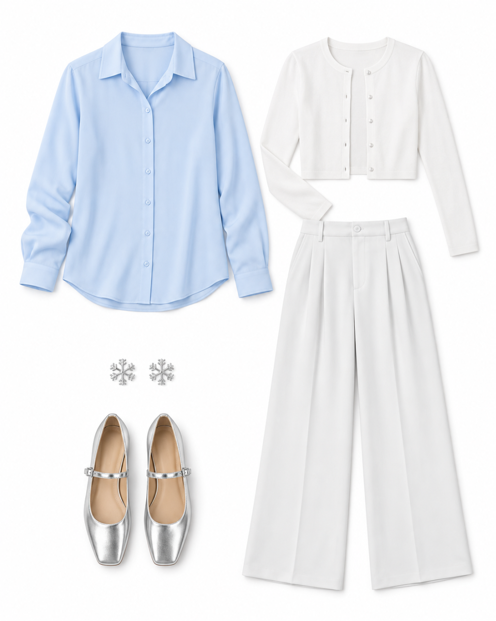 Flatlay of a light-blue shirt, white cardigan and trousers, snowflake studs, and silver Mary Jane flats on white.