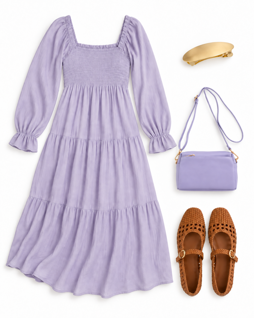 Lavender long-sleeve puff-sleeve midi dress, slim gold barrette, lavender crossbody bag, and cognac woven Mary Jane flats on a white background.