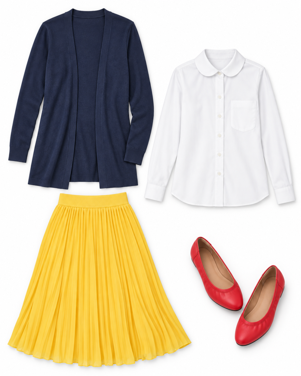 Navy open-front cardigan, white Peter Pan-collar blouse, yellow pleated midi skirt, and bright red ballet flats.