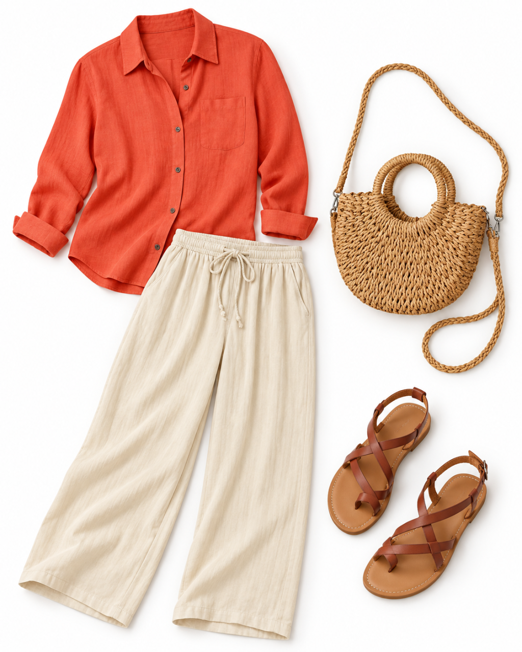 Flatlay of a coral button-down, light-beige wide-leg pants, woven crossbody bag and tan strappy sandals.