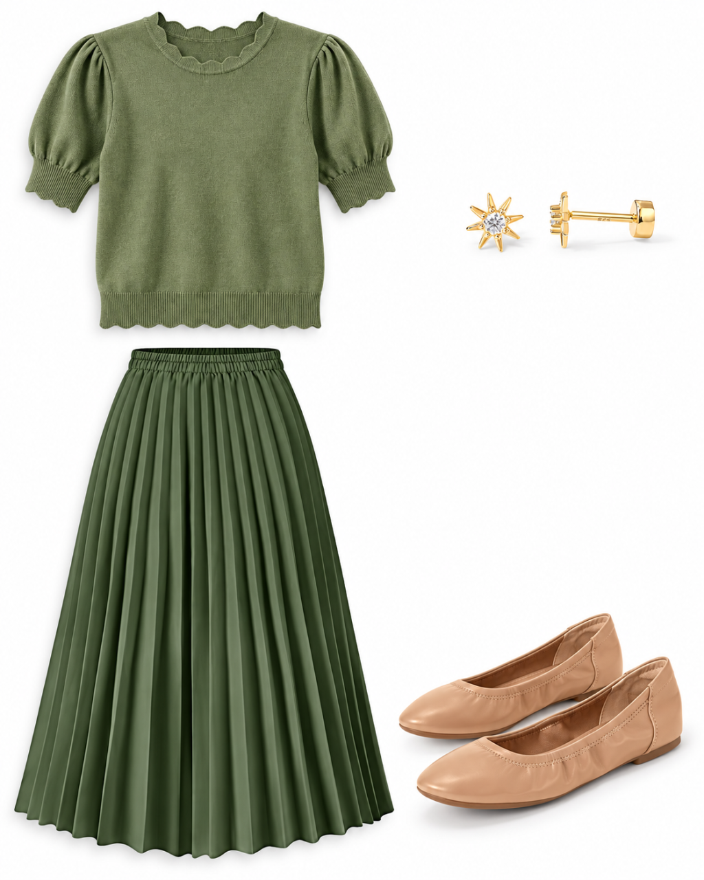 Flatlay of a sage puff-sleeve knit top, dark-green pleated skirt, gold star stud earrings and beige ballet flats.