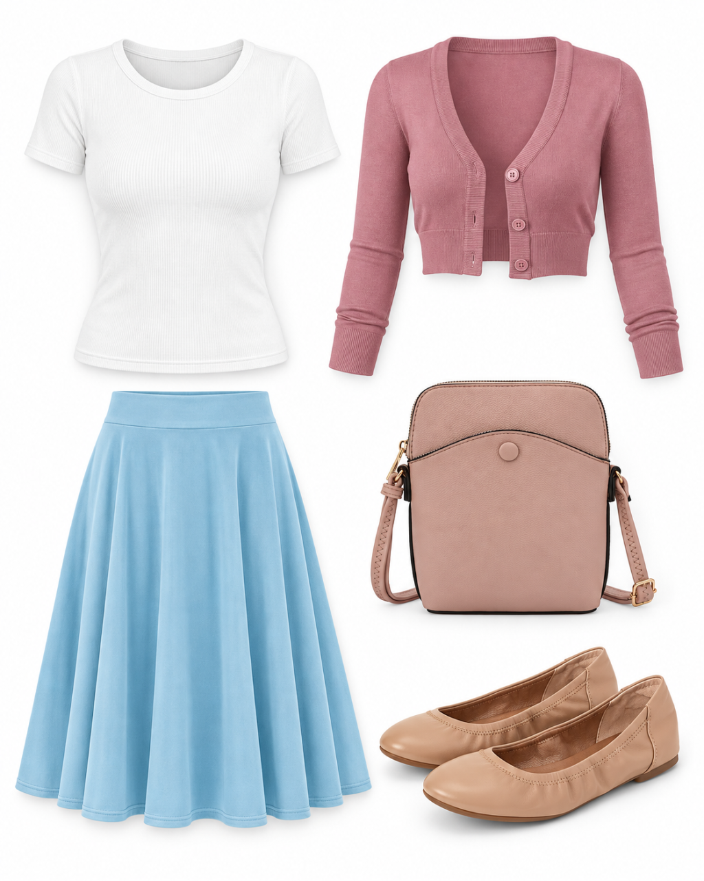 White ribbed tee, dusty-pink cropped cardigan, light-blue midi skirt, blush mini crossbody and beige ballet flats arranged on white.
