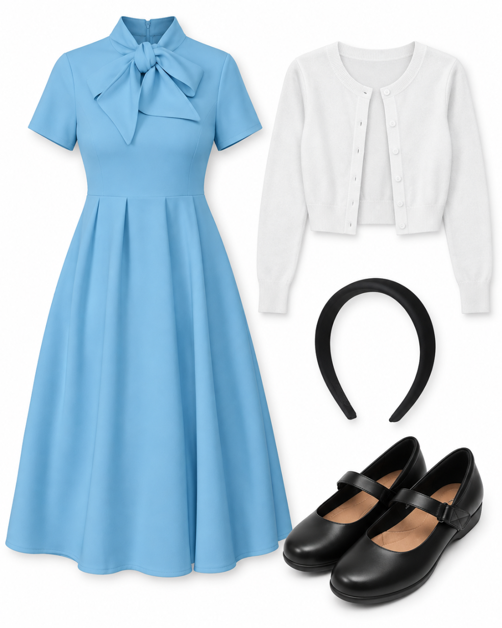 Light-blue short-sleeve A-line dress with its tie-neck bow, white cropped cardigan, black padded headband and black Mary Jane flats arranged on white.