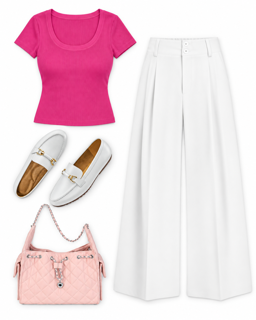 Flatlay of a pink T-shirt, white wide-leg trousers, gold loafers, and a pink bag on white.