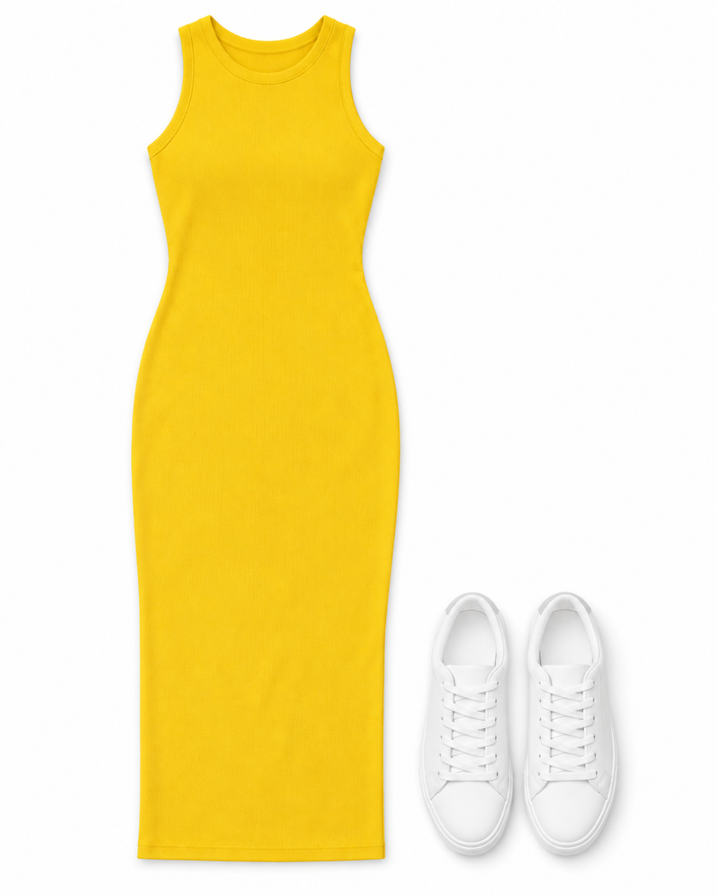 Sunny yellow sleeveless knit midi dress and clean white low-top sneakers.