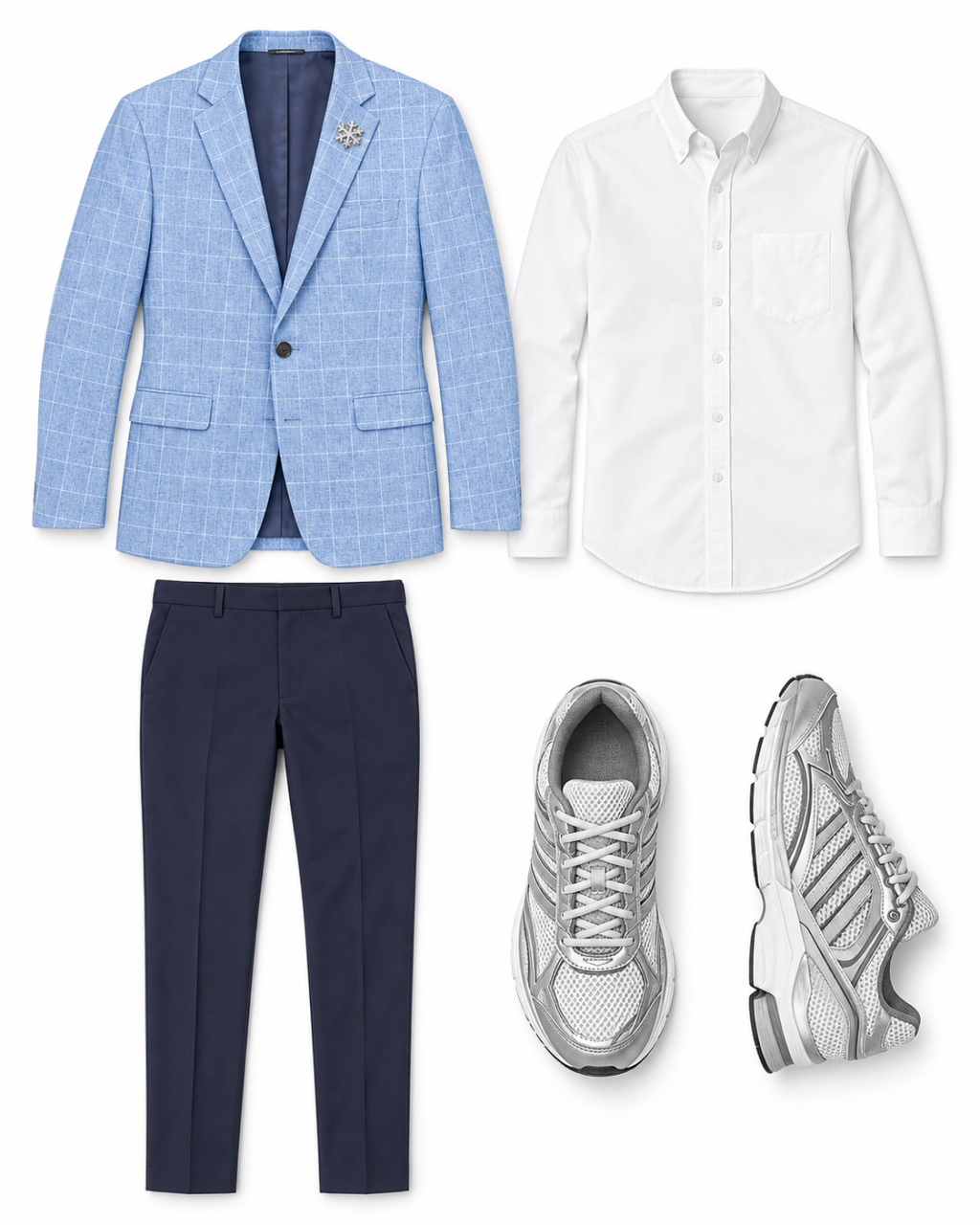 Flatlay of a blue plaid blazer, white Oxford shirt, navy trousers, silver lapel pin, and silver-gray sneakers on white.