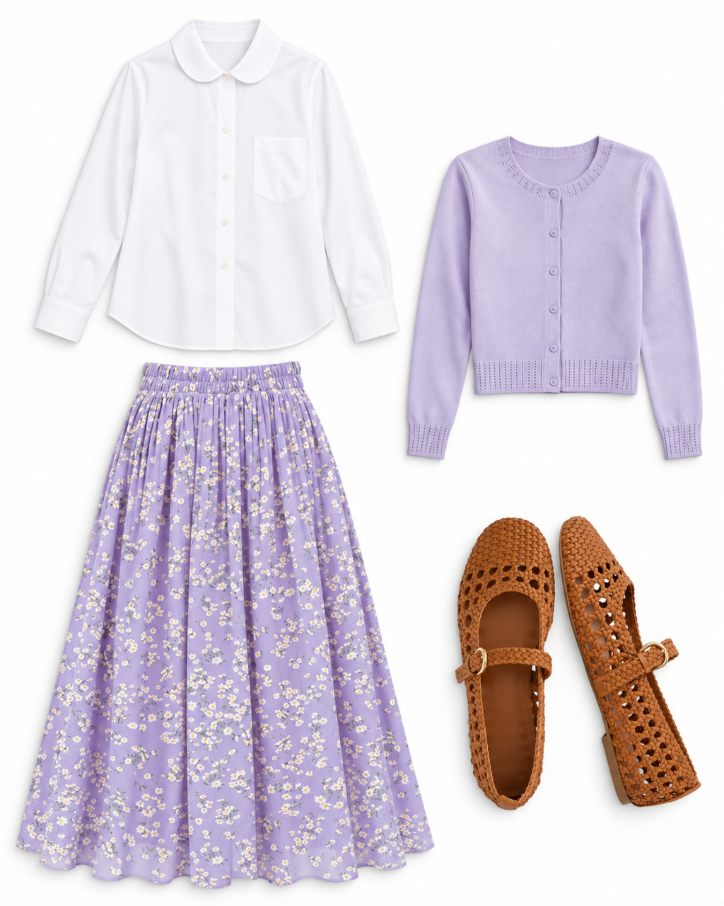 White Peter Pan-collar blouse, cropped misty-lilac cardigan, lavender floral pleated midi skirt, and cognac woven Mary Jane flats.