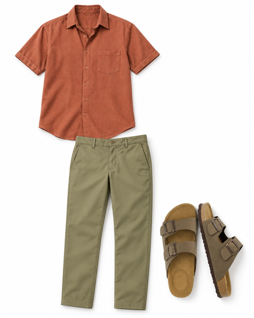 Flatlay of a burnt-orange short-sleeve shirt, khaki chinos and brown double-buckle sandals.