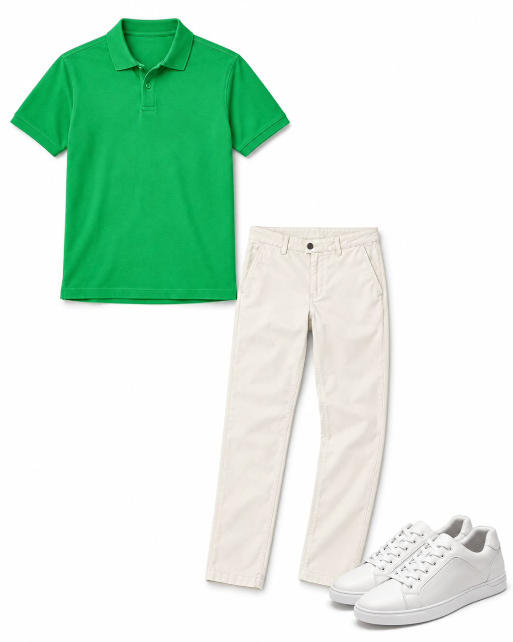 Flatlay of a bright emerald men’s polo, stone chinos and white low-top sneakers.