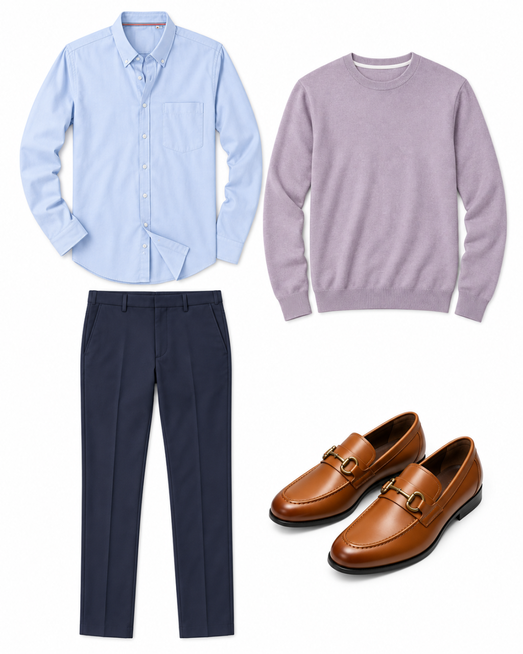 Light-blue Oxford shirt, dusty-mauve crewneck sweater, navy trousers and brown loafers arranged on white.