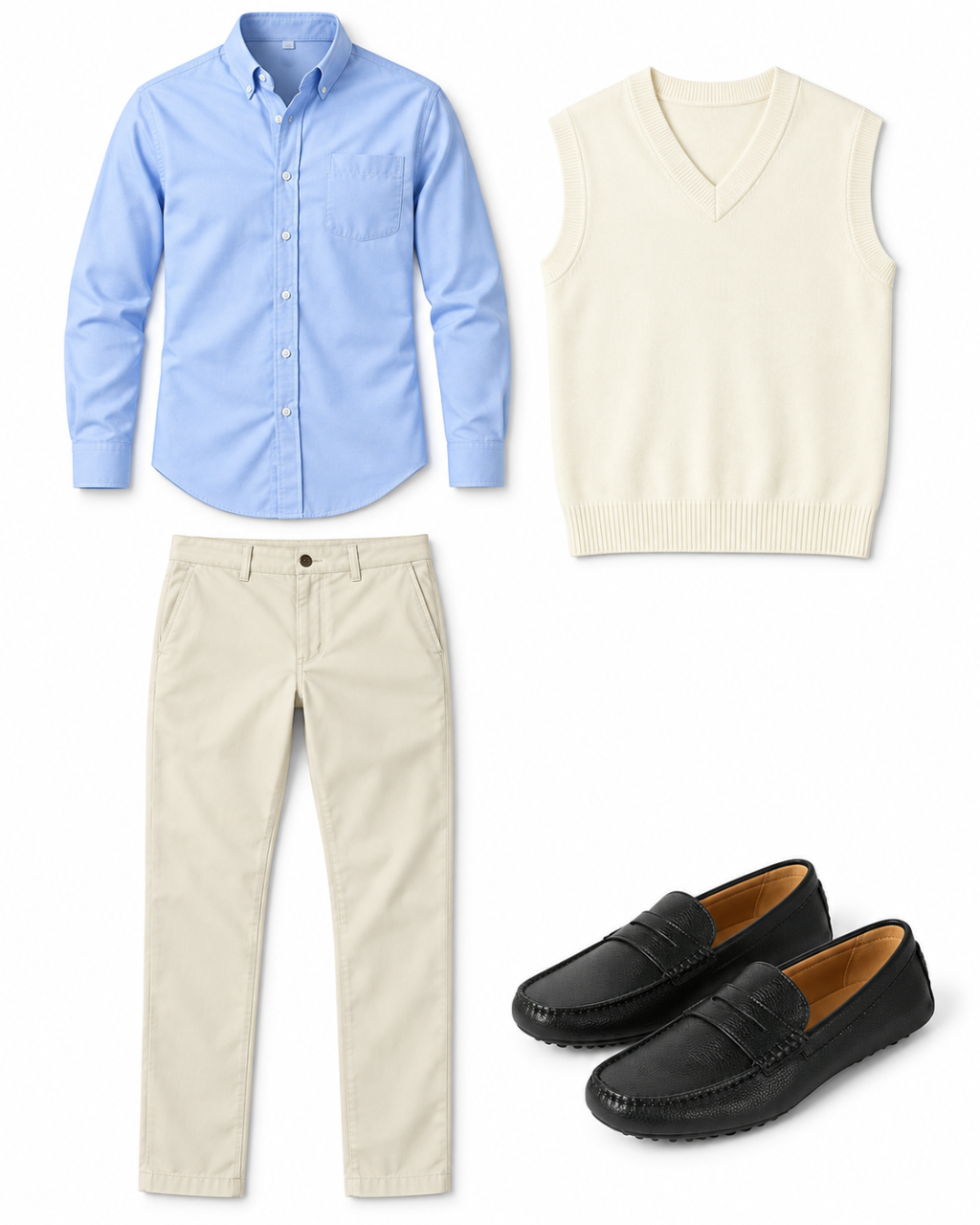 Light-blue Oxford shirt, ivory V-neck sweater vest, stone chinos and black driving moccasins arranged on white.
