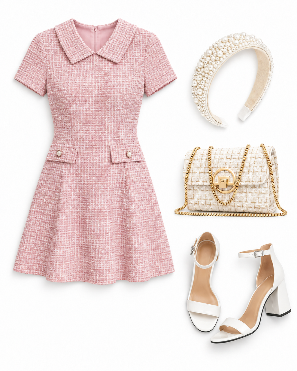 Flatlay of a pink tweed dress, pearl headband, cream chain bag, and white sandals on white.