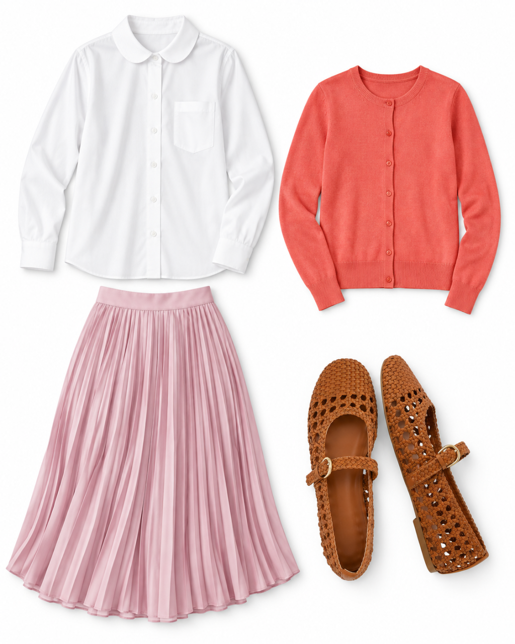 White Peter Pan-collar blouse, coral-pink cardigan, rose-pink pleated midi skirt, and cognac woven Mary Jane flats.