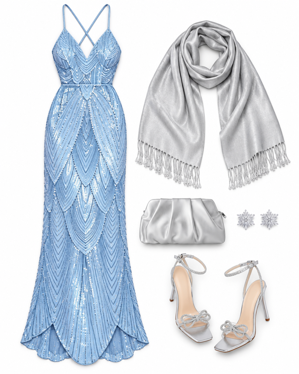 Flatlay of a blue embellished gown, silver shawl, clutch, snowflake studs, and silver heels on white.