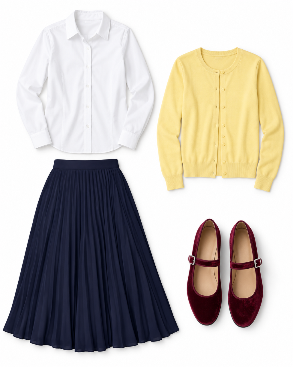 White pointed-collar shirt, yellow knit cardigan, navy pleated midi skirt, and burgundy velvet Mary Jane flats.