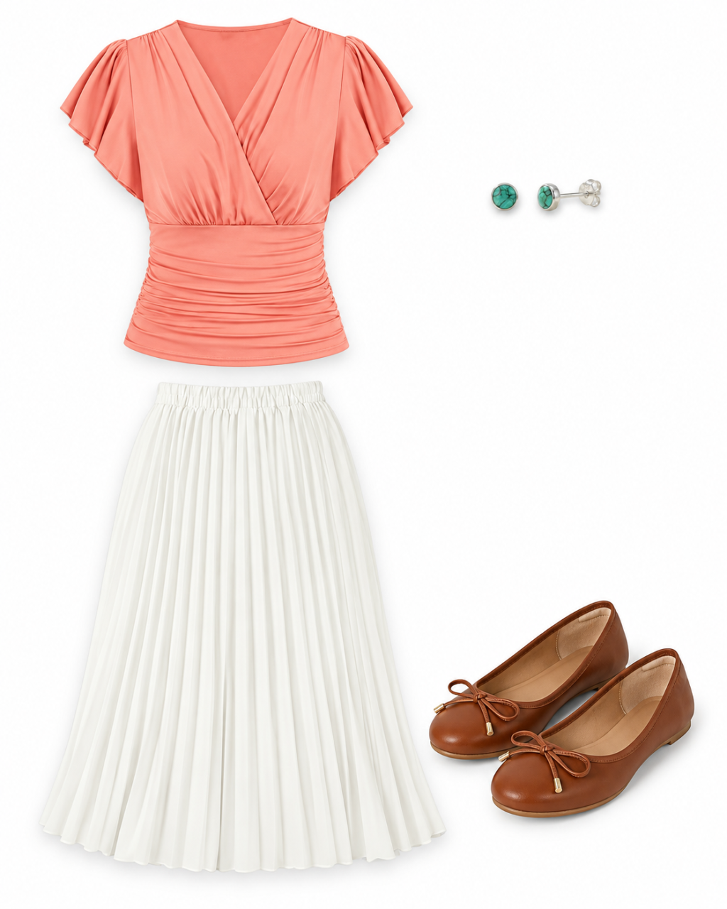 Flatlay of a coral wrap blouse, ivory pleated skirt, tan ballet flats and turquoise stud earrings.