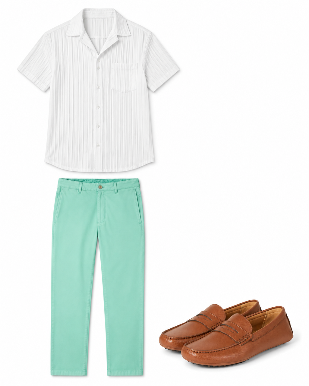 Flatlay of a white short-sleeve button-down, mint twill trousers and tan driving mocs.
