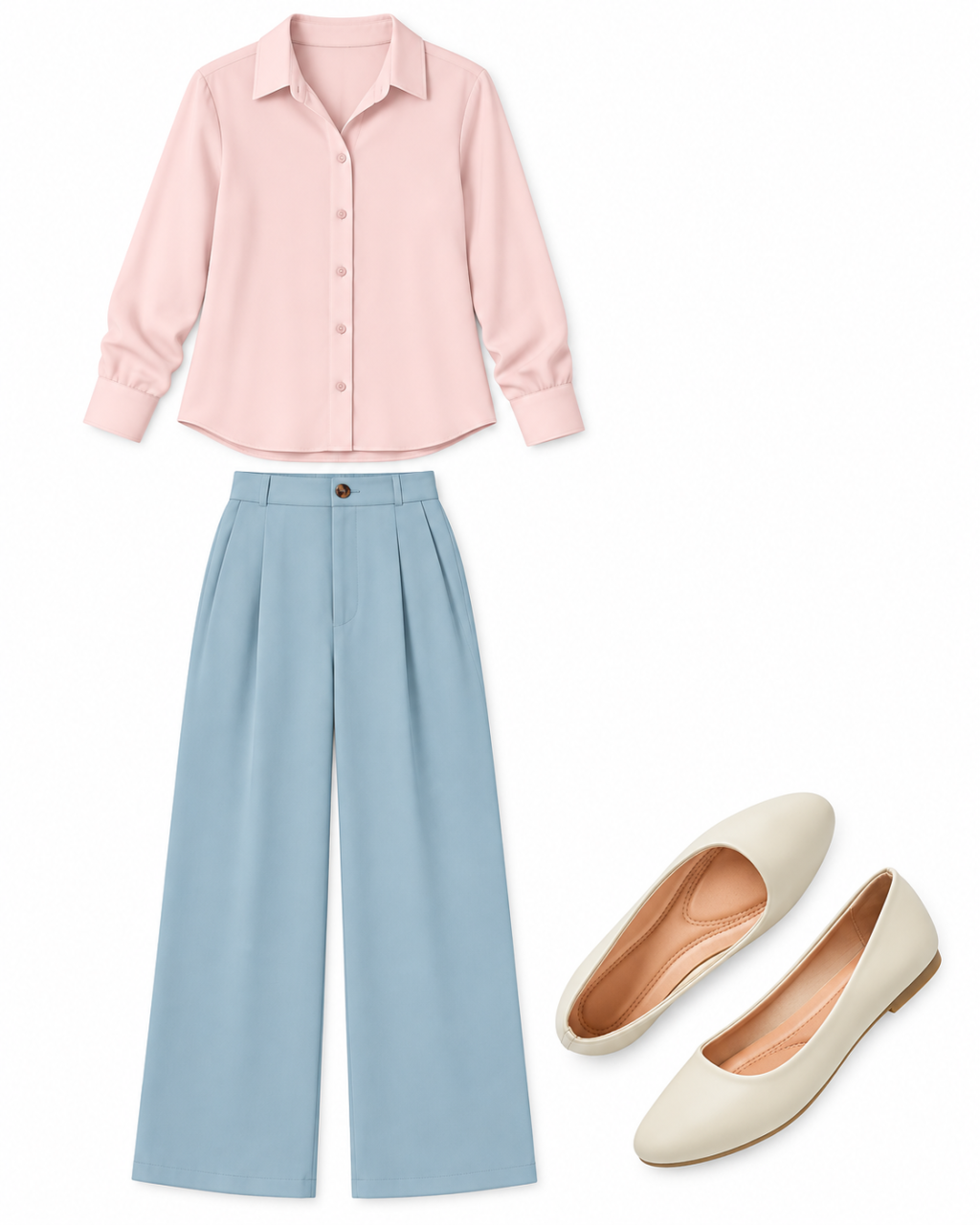 Blush-pink long-sleeve blouse, dusty-blue wide-leg pants and beige ballet flats arranged on white.