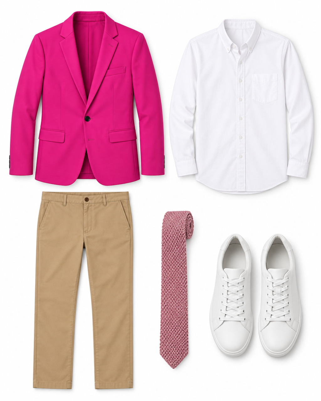 Flatlay of a fuchsia blazer, white shirt, khaki trousers, pink knit tie, and white sneakers on white.