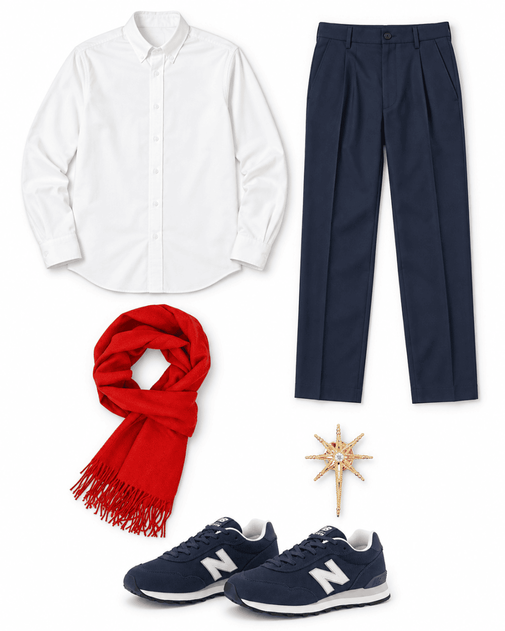Complete Red Scarf & Navy Trousers Sailor Moon-inspired outfit flatlay
