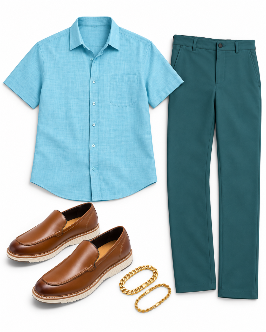 Light turquoise linen shirt with a subtle chest pocket, dark teal trousers, brown slip-on shoes, and two gold chain bracelets arranged on white