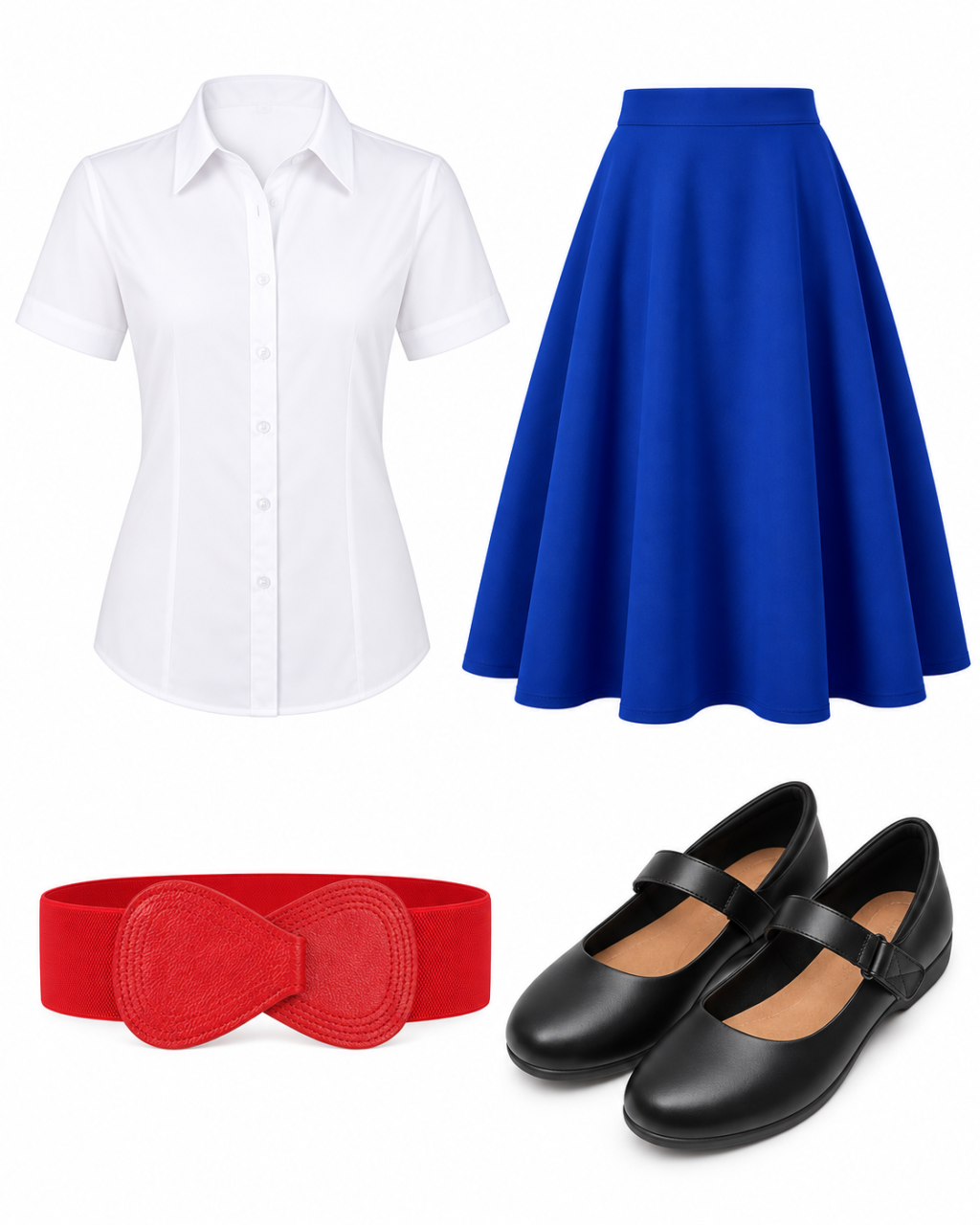 White short-sleeve blouse, royal-blue A-line midi skirt, red bow cinch belt and black Mary Jane flats