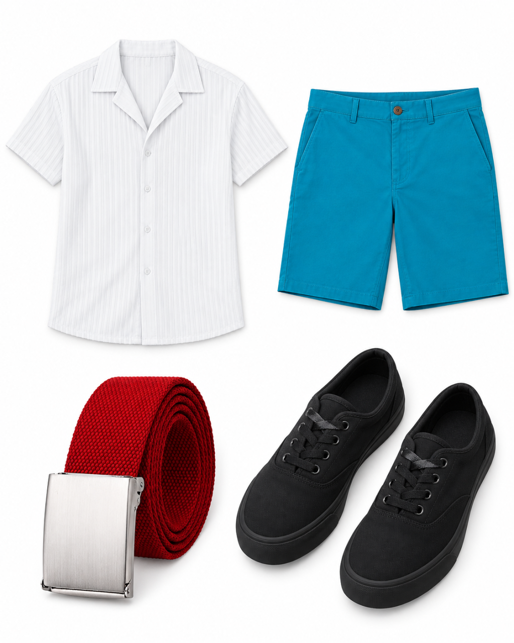 White camp-collar shirt, teal shorts, red web belt and black canvas sneakers arranged as a casual outfit