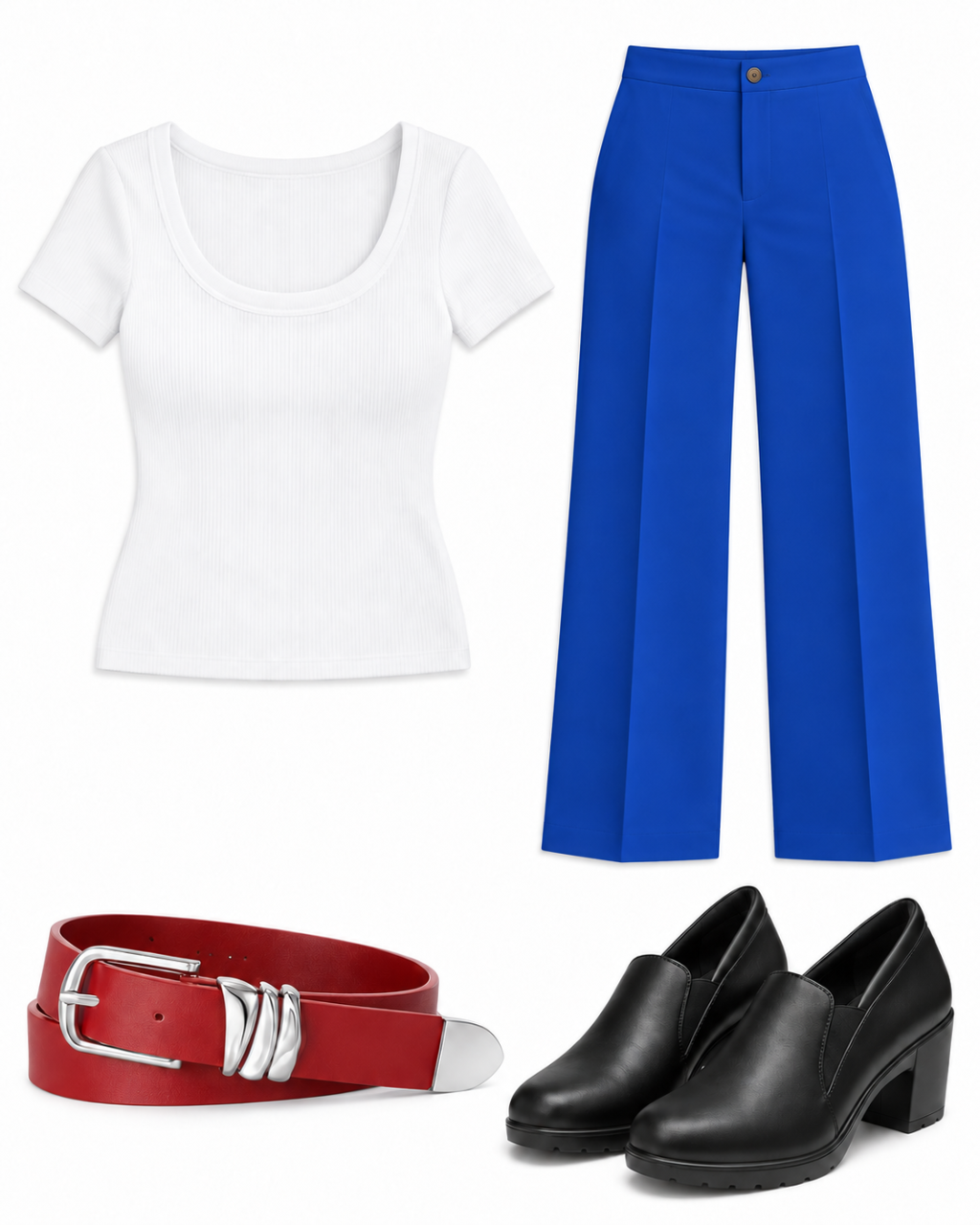 White ribbed scoop-neck top, royal-blue wide-leg trousers, red belt and black block-heel slip-on shoes
