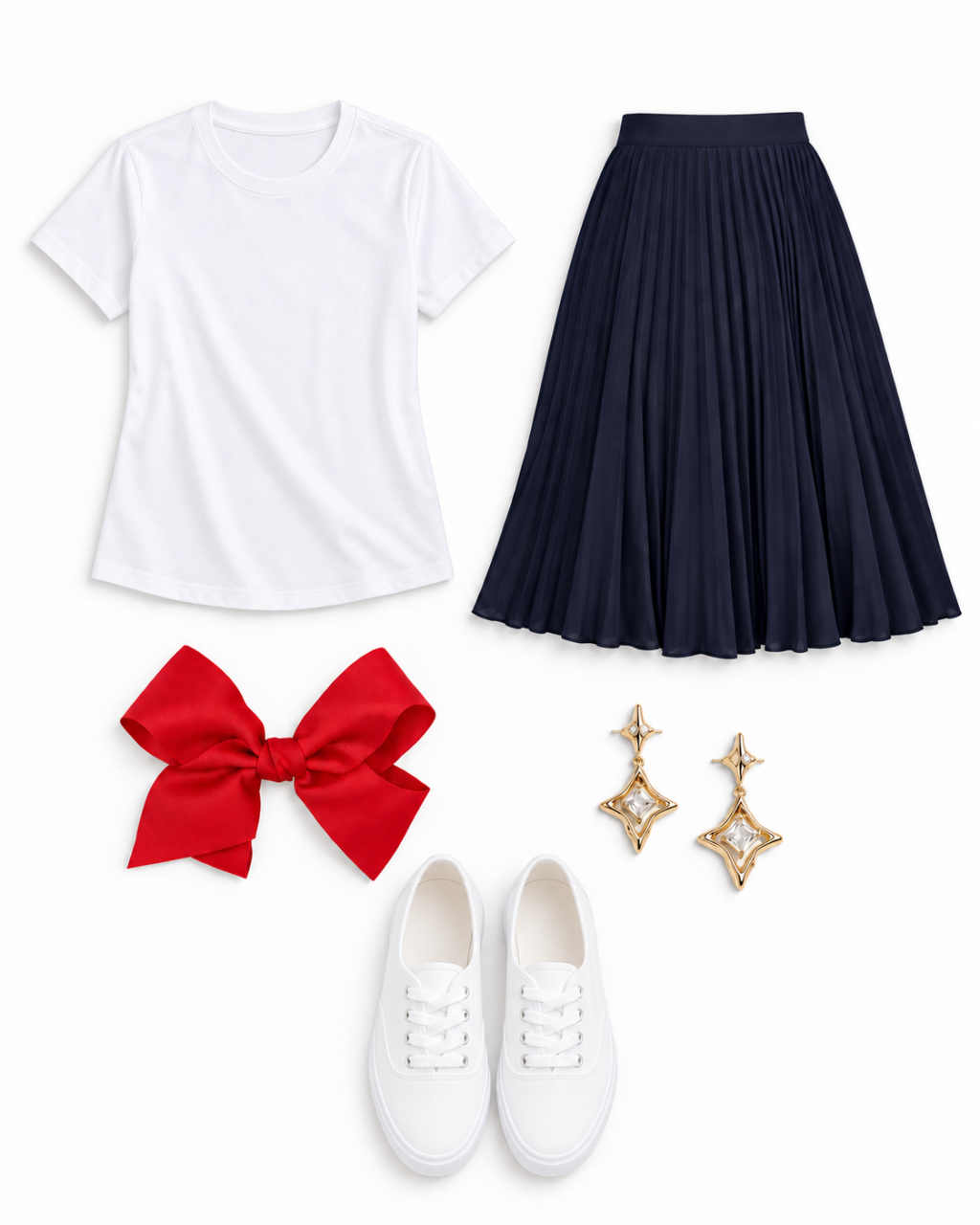 Plain white short-sleeve tee, navy pleated midi skirt, red bow clip, gold star drop earrings and white canvas sneakers arranged on white