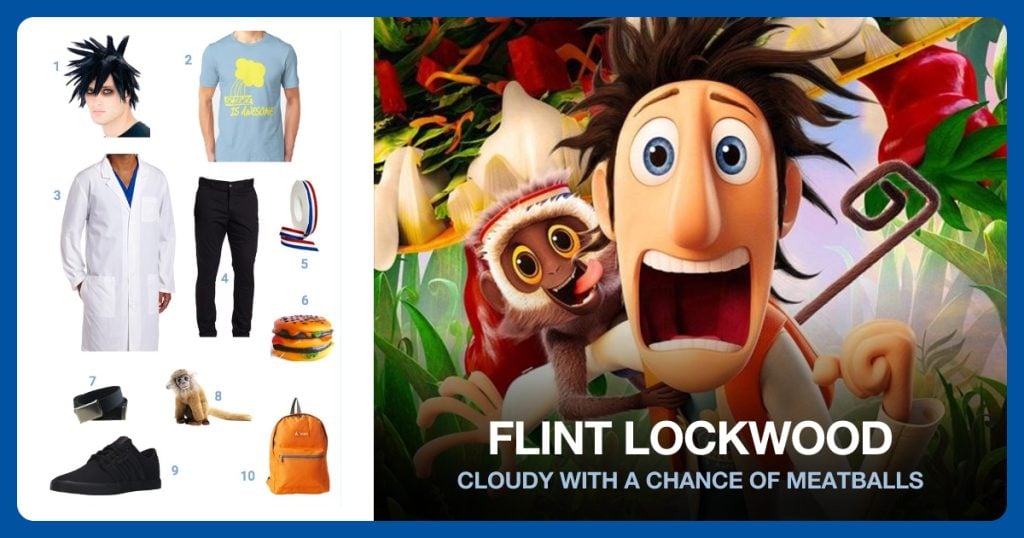 Black Spiky Wig, Science is Awesome Tee, White Lab Coat and Dickies Black Work Pants beside Flint Lockwood