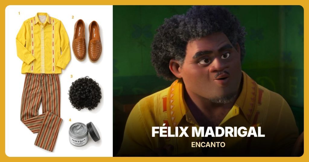 Yellow Embroidered Shirt and Striped Pants, Tan Woven Slip-On Shoes and Short Black Curly Wig beside Félix Madrigal