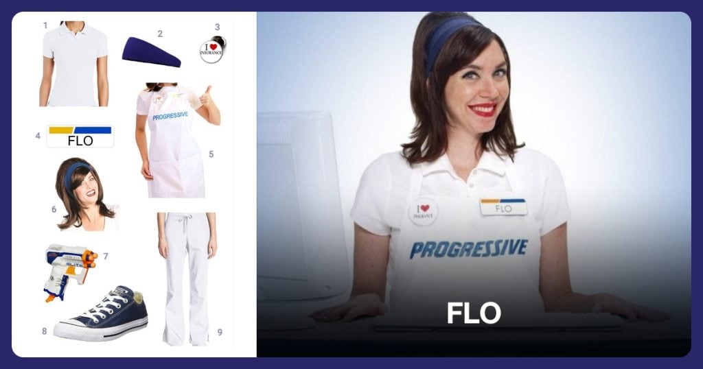 White Polo, Navy Headband, I Love Insurance Button and Flo Name Tag beside Flo