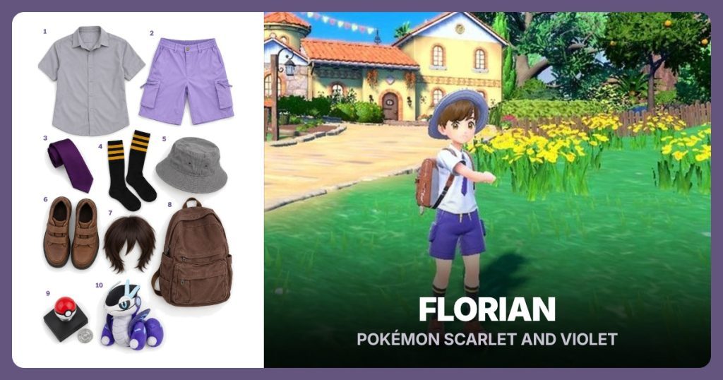 Light Gray Shirt, Purple Shorts, Purple Tie and Black and Yellow Socks beside Florian